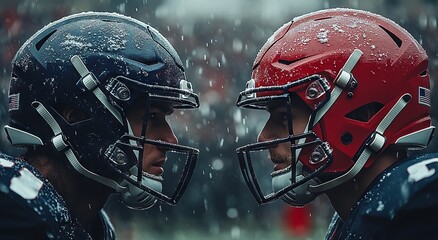 Fototapeta premium Close-Up of Two American Football Players Facing Each Other on the Field - Cinematic and Hyper-Realistic Shot. AI generated illustration