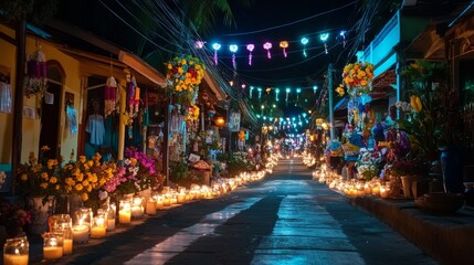 Colorful street during a night festival decorated with lights and lanterns
