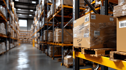 Naklejka premium A spacious warehouse filled with organized shelves and stacked boxes, showcasing efficient inventory management.