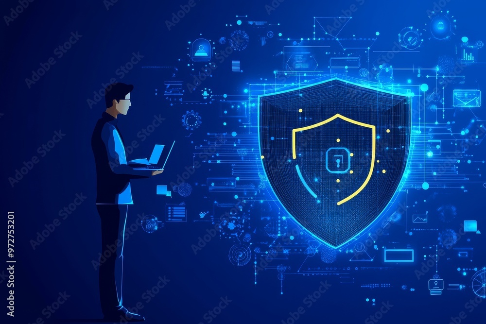 Aufkleber an illustration showing how stock is used for cybersecurity and automating defenses