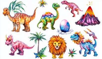 Obraz premium A watercolor illustration with cute animals featuring baby dinosaurs for a nursery or baby shower