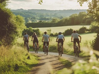 Fototapeta premium Group of Friends Cycling on a Country Road Surrounded by Lush Green Fields and Trees on a Sunny Day