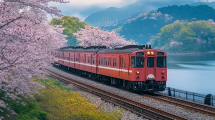 Obraz premium Japan train in Yamakita Town, Kanagawa prefecture, under a sea of sakura cherry blossoms 