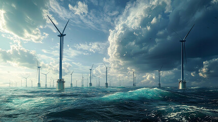 Floating wind farm, renewable energy, sustainable technology, ocean setting
