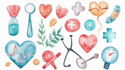 Colorful watercolor medical elements including hearts, stethoscope, and medicine, perfect for health-related designs.
