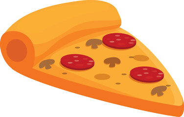 Cartoon illustration of a pizza slice with salami and mushroom toppings is making mouths water