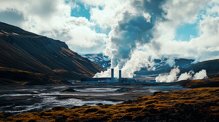 Geothermal energy plant, renewable energy, modern technology, sustainable power source