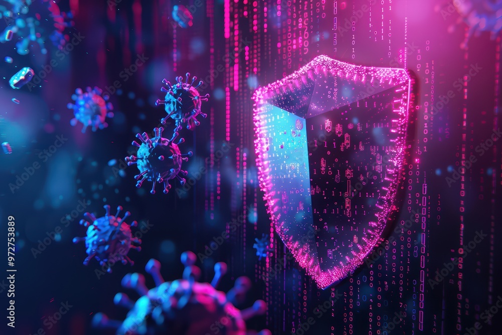 Poster digital shield concept protecting against viruses with vibrant colors and data streams, symbolizing 
