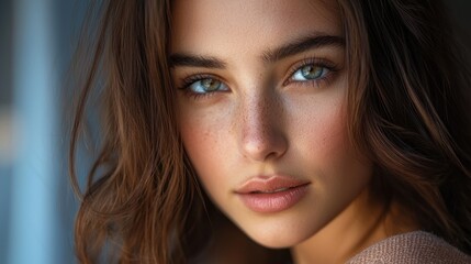 Obraz premium The image could be named Smiling Brunette Woman in Close-Up Portrait