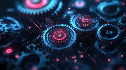 Intricate gears and cogs in vibrant neon lighting showcasing mechanical precision and complexity in...