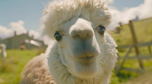 Close-up of a White Alpaca with Fluffy Fur and Open Mouth,  Eyes Focused on Camera