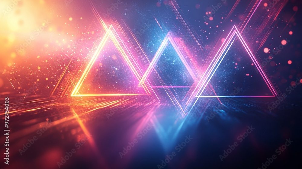 Poster dynamic abstract composition with neon triangles and linear streaks over a radiant gradient backgrou