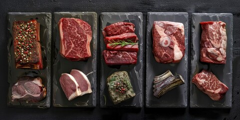 A variety of raw meat cuts, including sirloin, ribeye, tenderloin, brisket, chuck, and flank, provide distinct textures and flavors ideal for numerous culinary dishes.