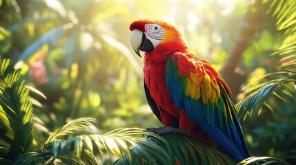 Obraz premium Colorful parrot perched on a palm tree in a lush tropical setting, with vibrant feathers glistening in the sunlight. 4K hyperrealistic photo.