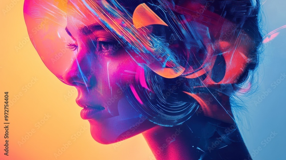 Poster a vibrant digital artwork featuring a woman's profile enhanced with colorful abstract elements and v