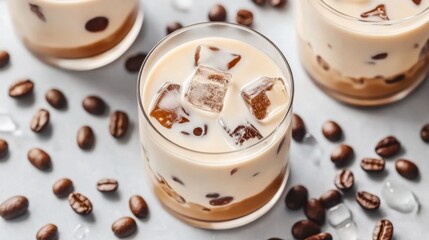 Fototapeta premium Close-up shot of coffee and cream in glasses with ice cubes, roasted dark brown beans