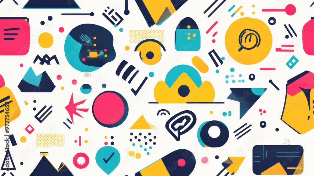 Poster Colorful abstract pattern featuring geometric shapes and symbols in a vibrant design used for creative backgrounds or art projects