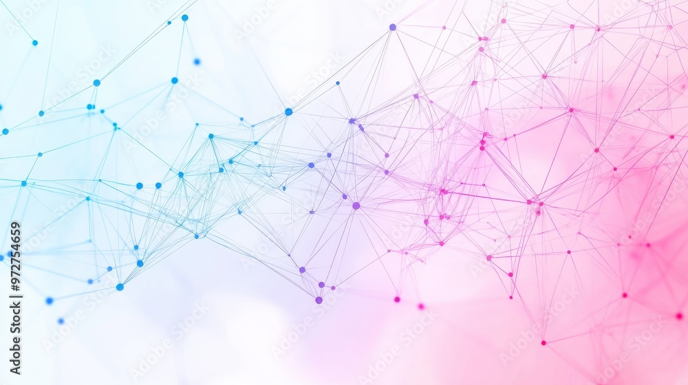 Poster abstract network of interconnected dots and lines in soft pink and blue hues illustrating data conne