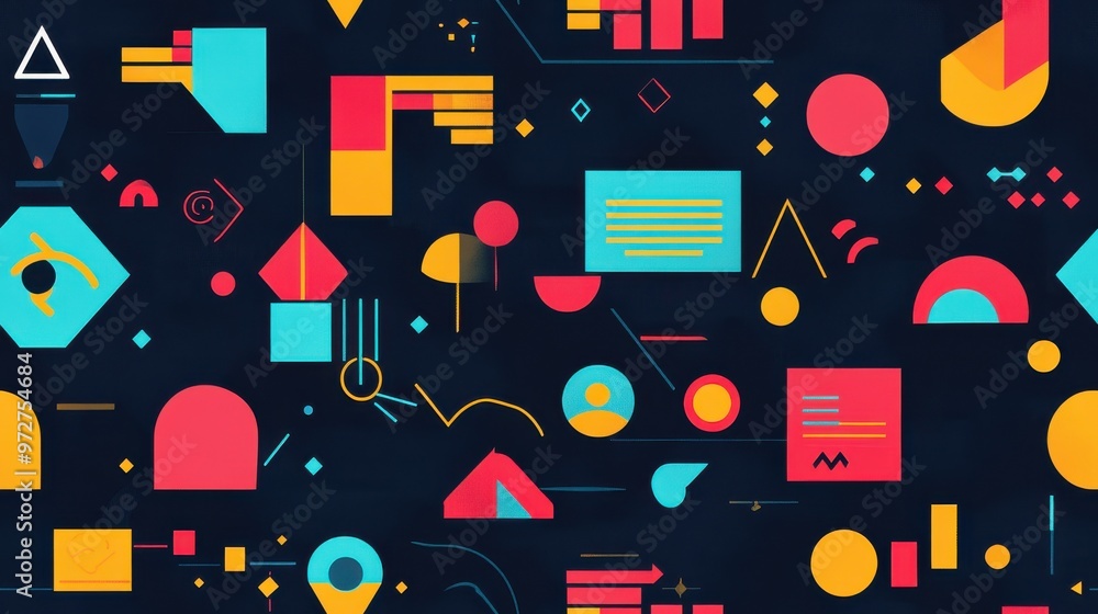 Poster colorful geometric shapes and patterns create an abstract design with vibrant colors against a dark 