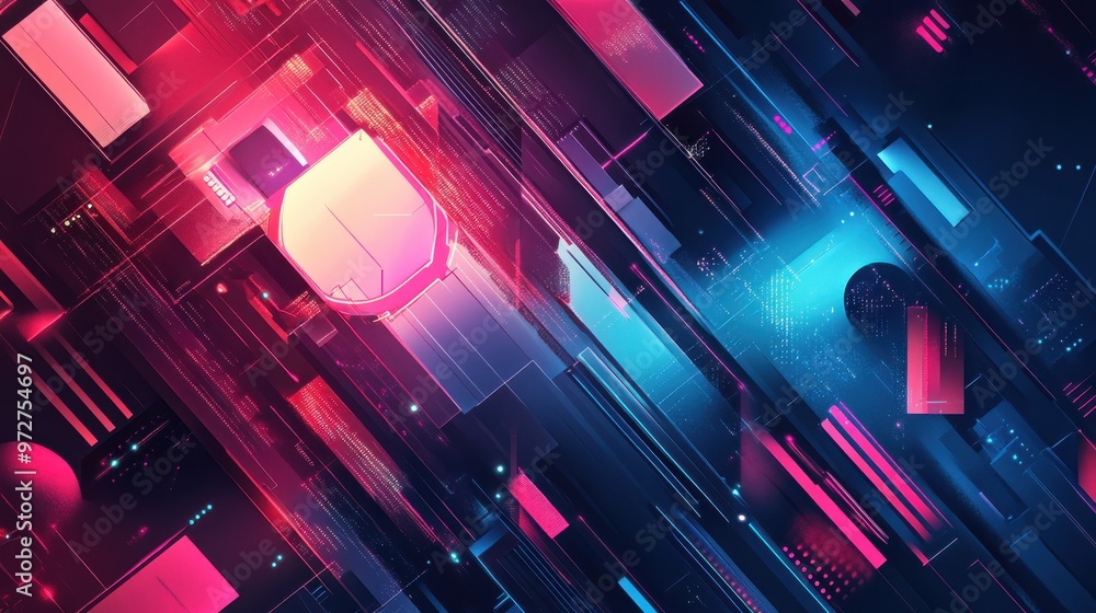 Poster colorful abstract digital design showcasing vibrant geometric shapes and patterns in a futuristic st