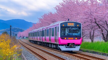 Naklejka premium Japan train in Yamakita Town, Kanagawa prefecture, under a sea of sakura cherry blossoms 
