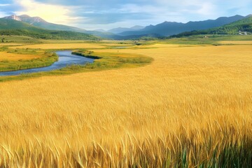 Fototapeta premium Vibrant anime wheat field, with golden stalks and a serene sky, capturing the beauty of rural landscapes