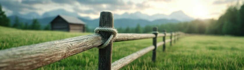Rustic Wooden Fence in a Picturesque Countryside Landscape with Rolling Hills and a Vintage Cabin, Capturing the Charm of Rural Life