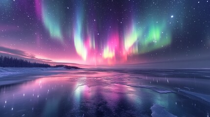 Northern lights dancing across a starry sky above a frozen lake, with the colorful lights reflecting off the ice and snow. 4K hyperrealistic photo.