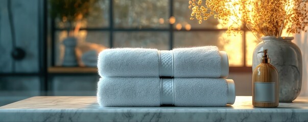 Soft white towels neatly stacked on a marble surface, complemented by a decorative vase and a warm, inviting atmosphere.
