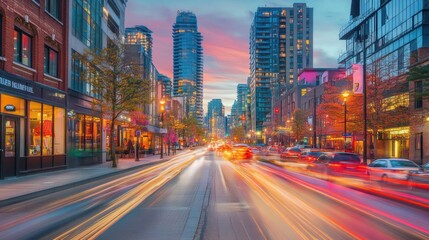 Vibrant city street at dusk captured with light trails from passing vehicles showcasing beautiful skyline and colorful sky