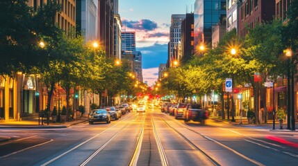 Evening street view in a bustling city with illuminated trees and traffic under a colorful sky