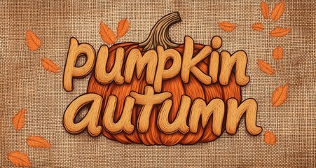 "Pumpkin autumn" lettering in embroidery style on burlap, isolated background with orange color scheme and brown outline