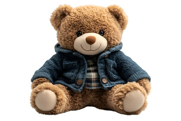 A teddy bear dressed in a blue jacket over a plaid shirt, exuding a charming and cozy appearance.
