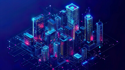 Isometric view, smart city outline, connected tech, detailed buildings, clean and modern design
