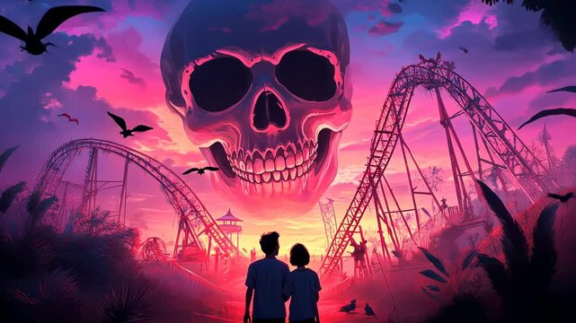 A surreal scene featuring a roller coaster and a giant skull in a vibrant sunset
