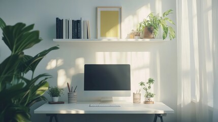 A floating shelf desk setup with integrated storage, placed against a bright wall in a tiny yet stylish apartment