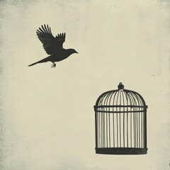 Fototapeta premium 13. A bird flying away from an empty birdcage, [freedom], [metaphor for loss]