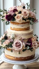 Naklejka premium a rustic wedding cake with a naked or semi-naked finish with flowers 