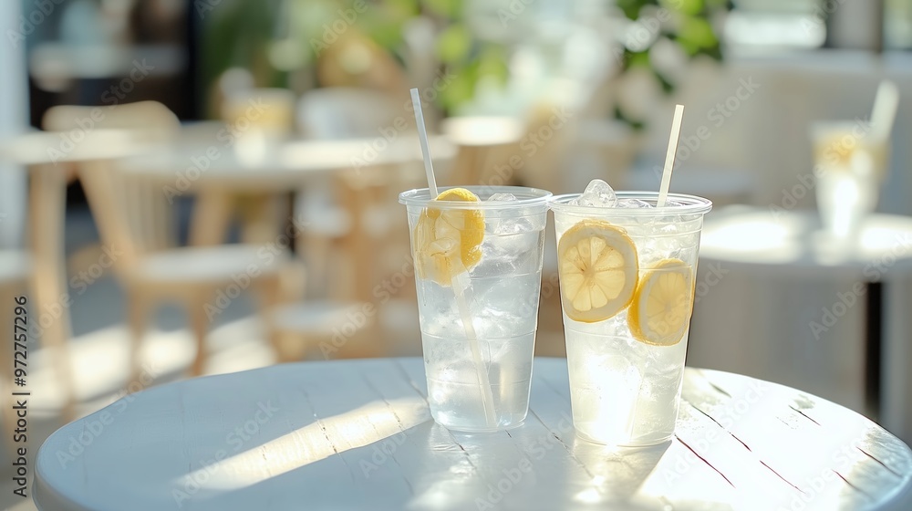 Poster refreshing lemonade drinks with lemon slices in clear cups on a table in a bright, sunny café settin