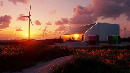 Obraz premium Modern solar panels, modular battery storage, wind turbine system in warm dawn light, efficient and aesthetic, renewable energy