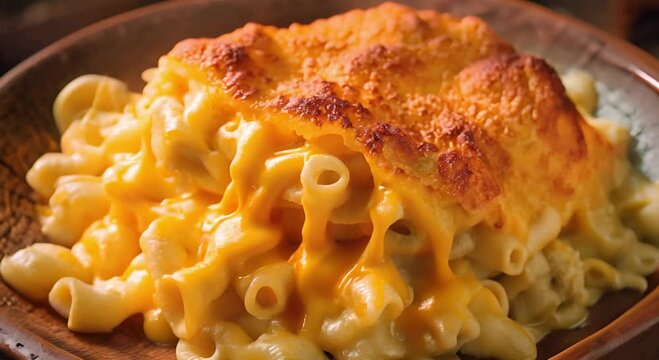Close-up of Steaming Blue Mac and Cheese with Melted Cheese Dripping Down