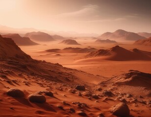 Naklejka premium Martian landscape with a reddish-brown terrain, scattered rocks and pebbles, undulating sand dunes in the background under a hazy sky