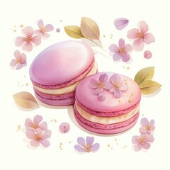 A pair of pink macarons decorated with delicate cherry blossoms, surrounded by petals and golden leaves, perfect for advertisements, bakery promotions, and spring-themed events,