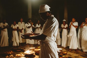 A Candombl ritual in Brazil, with practitioners in white clothing, offering food and dance to the spirits, blending African and Catholic traditions