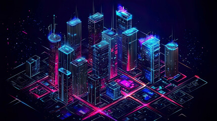 Outline of smart city, isometric view, sleek buildings, tech integration, futuristic urban concept
