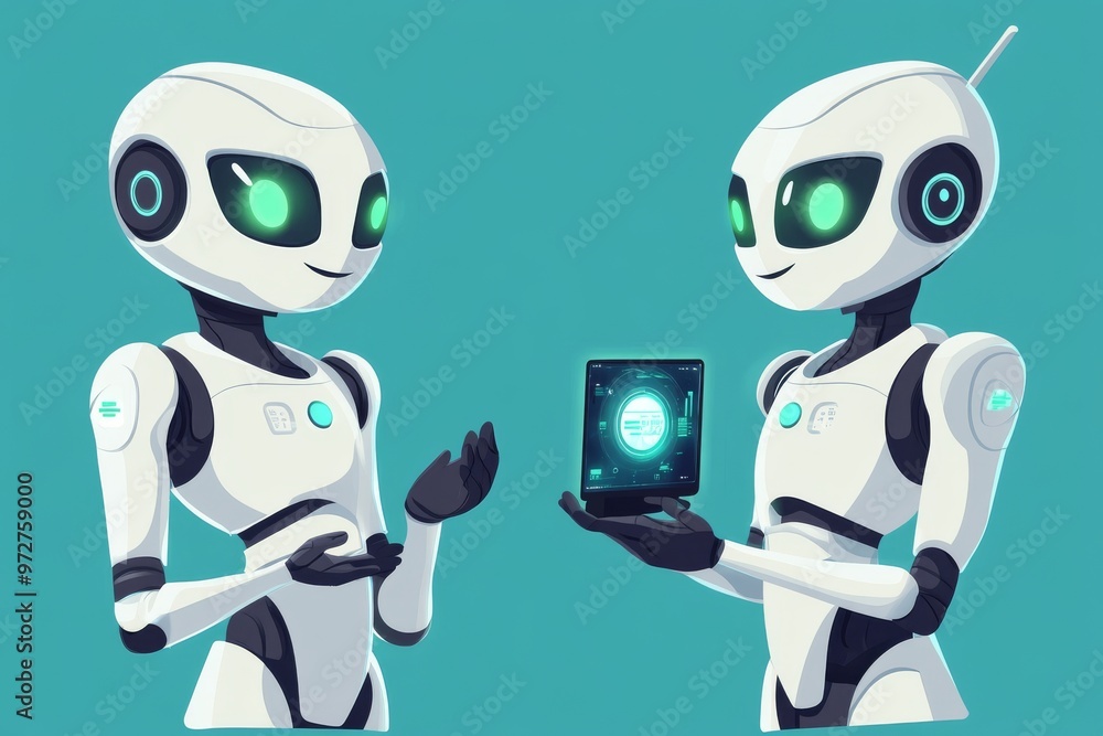 Poster analyze and note the actions of cute robot ai characters