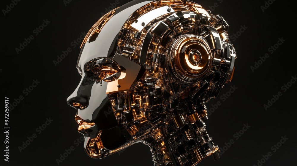 Poster red humanoid robot or cyborg with metallic skull head isolated on black background. side back view. 