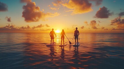 Fototapeta premium Couple enjoying a peaceful sunset paddleboarding session in calm tropical waters, surrounded by natural beauty. 4K hyperrealistic photo.