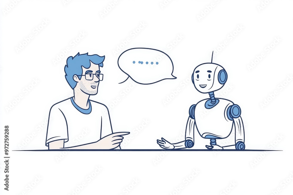 Poster modern illustration of a young developer chatting with a robot making research with stock and techno