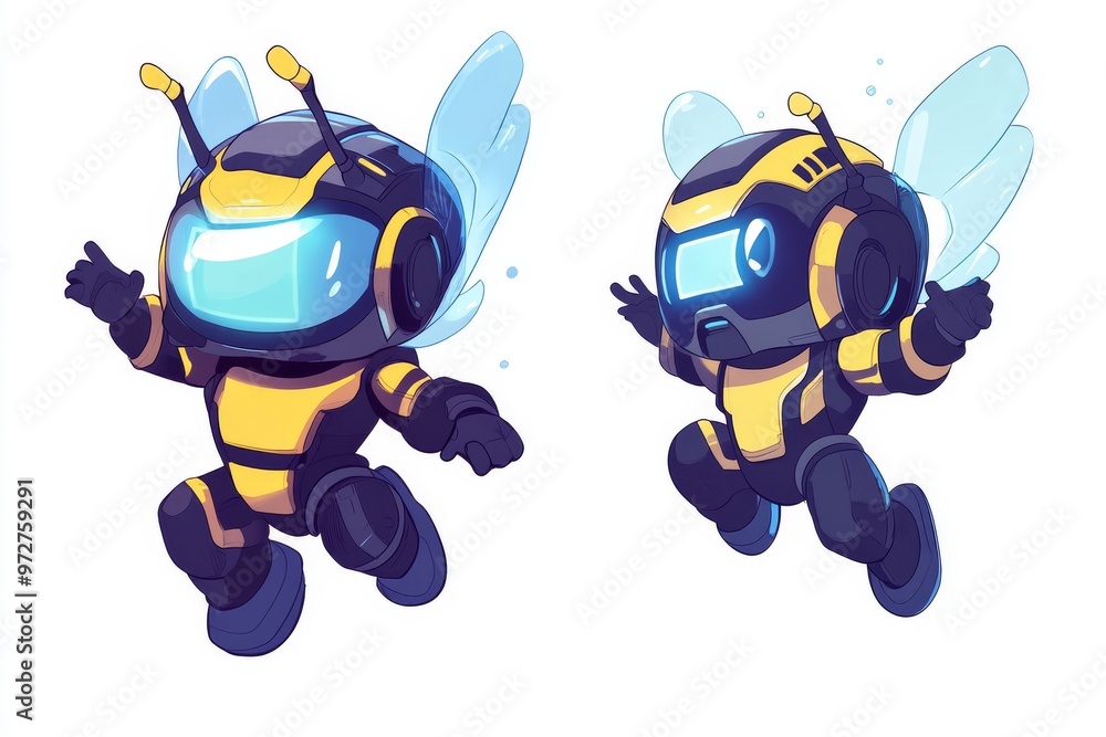 Poster cute ai robot character in an analyze screen and a tablet pose